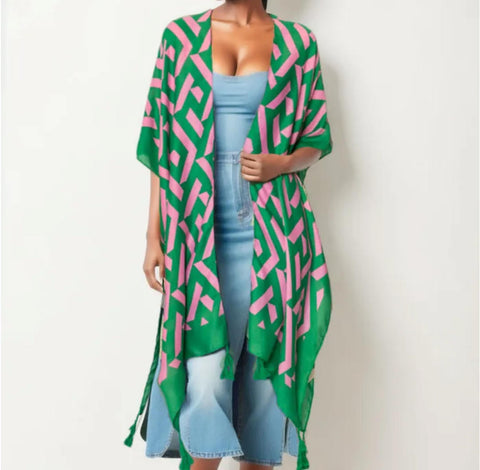Green Geometric Poncho Cover-Up