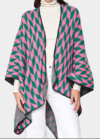 Geo Print Wrap Shawl in Pink and Green