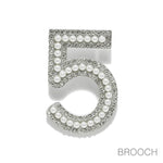 Large Pearl number 5 rhinestone silver pearl brooch