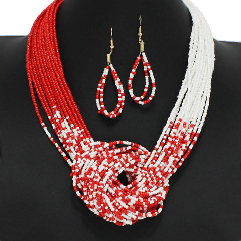 Red and White Seed Beaded Necklace
