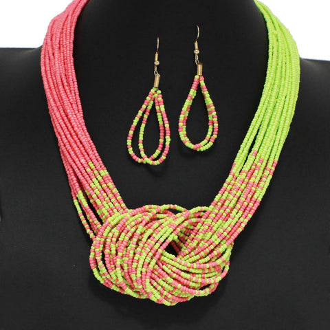 Salmon pink and candy apple green seed beaded necklace