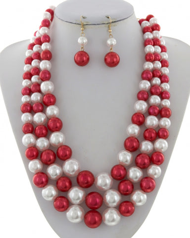 Red and White 3 Strand Pearl Necklace