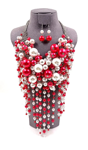 Red and White waterfall necklace set