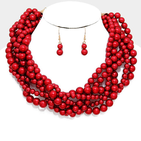 Red pearl twisted muti stand necklace